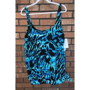 Beach Belle Womens Blue Black Animal Print Blouson Tankini Swim Top NWT Size 26W